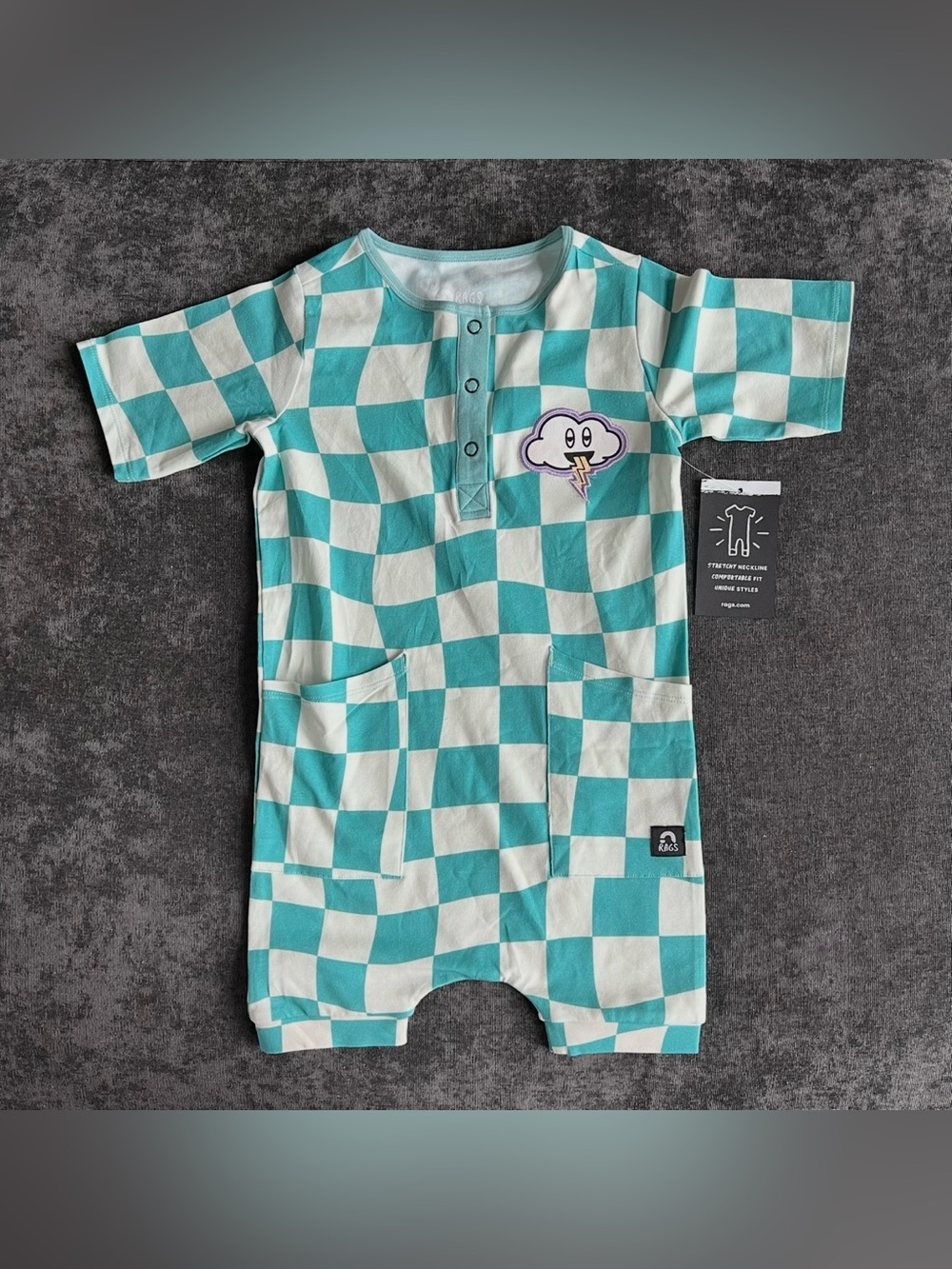 NWT Rags Hip Pocket Short Romper in Turquoise Wavy Check Size 2T